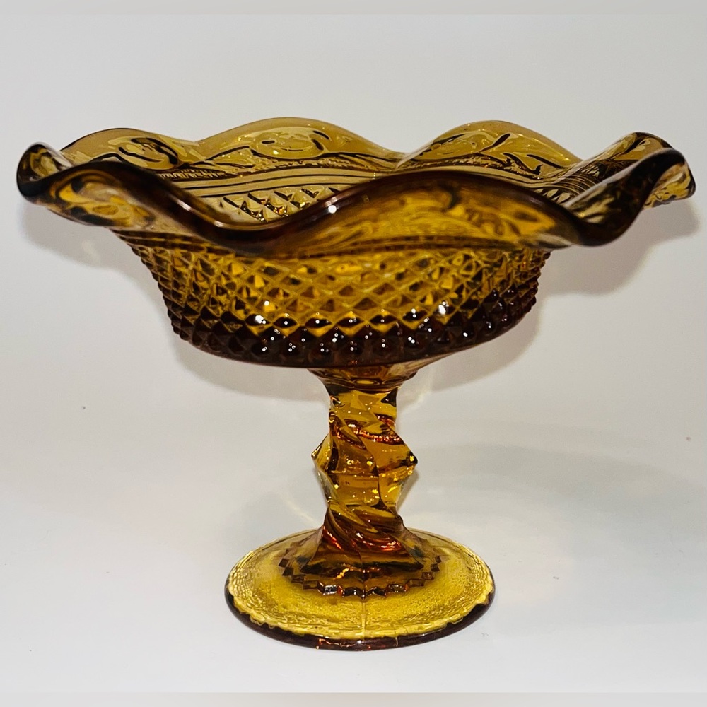 4” VTG Italian Amber Glass Diamond Point Hobnail Pattern Ruffled Edge Candy Dish